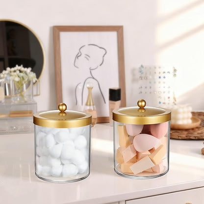 Amolliar 50 Oz Apothecary Jar - 2 Pack Clear Container with Stainless Steel Lid, Plastic Jar for Laundry Room Organization & Pods Storage, Bathroom Vanity Organizer, Kitchen Countertop Decor (Gold)