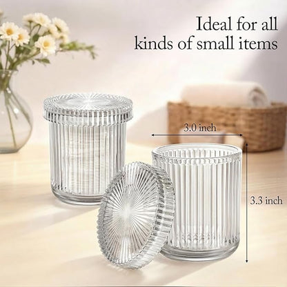 SheeChung Glass Qtip Holder Dispense, 4-Pack Apothecary Jars - Bathroom Accessories Organizer for Cotton Swabs, Balls, Pads Floss Picks -Bathroom Accessories Decor