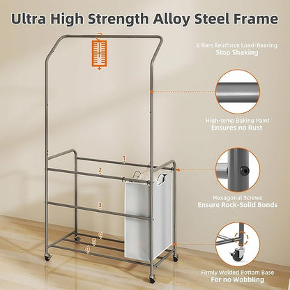 ROMOON Laundry Hamper Sorter Cart: 4 Section Organizer with Hanging Bar and Heavy-duty Lockable Wheels | 180L Rolling Laundry Basket with Clothes Rack in Laundry Room or Small Spaces (Grey)