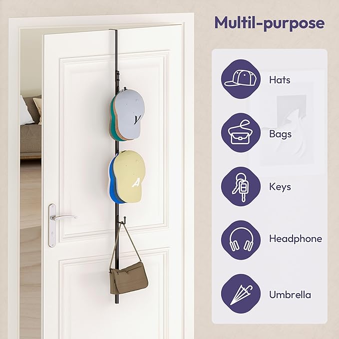 SWTYMIKI Over Door Hat Rack - Hat Organizer with 4 Hooks Design, Hanging Baseball Cap Organizer Storage Holds Up to 20 Caps for Door, Bedroom, Closet (Black)