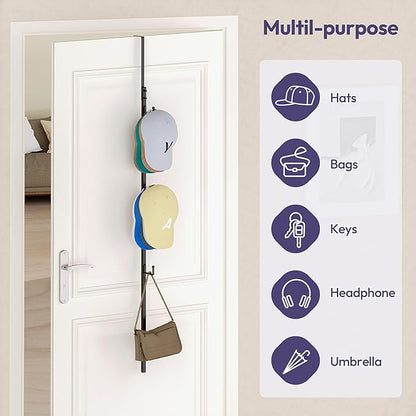 SWTYMIKI Over Door Hat Rack - Hat Organizer with 4 Hooks Design, Hanging Baseball Cap Organizer Storage Holds Up to 20 Caps for Door, Bedroom, Closet (Black)
