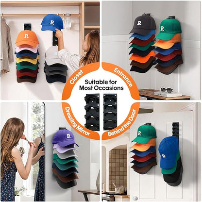 2 Pack Hat Organizer for Baseball Caps, Hat Rack for Wall with Strong Adhesive, Hold Up to 16 Hats, Hat Rack for Door Closet, Multi-Tier Hat Organizer, Two Mounting Options (Black)