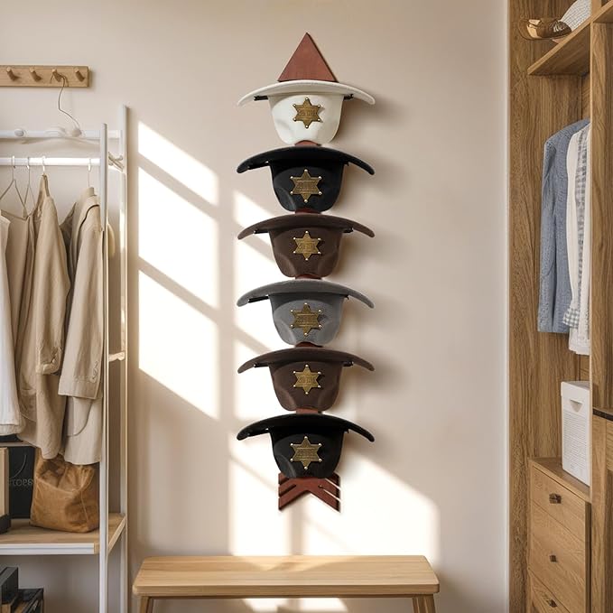 Cowboy Hat Holder for Wall 6 Pieces Arrow Solid Wood with Metal Western Hat Rack Wall Decor Hat Organizer Hanger Storage for Entryway Closet Living Room Bedroom Cherry Brown