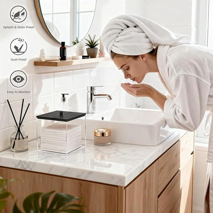 Puricon Acrylic Disposable Facial Towels Holder, Clear Storage Bin with Wood Lid Compatible with Clean Skin Club Towel (NOT Included), Face Towelettes Container for Bathroom Counter -Black