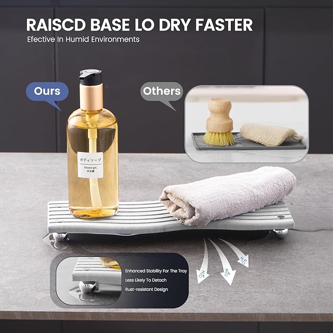 Water Absorbing Stone Tray for Sink,Quick Drying Diatomaceous Earth Coasters Sink Caddy Organizer,Soap Dish Holder & Toothbrush Holder for Bathroom Counter， Toiletries（Grey, 11.8" x 4.33"）