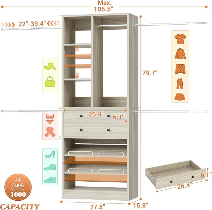 Besiost Closet System, 4.2–8.8 FT Closet Organizer with 2 Wooden Drawers and Shelves, Walk-in Closet System with 5 Hang Rods, Built-in Closet Tower, Can Fit 60 to 96 inch, Greige Oak