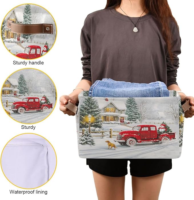 Christmas Tree Red Truck Foldable Fabric Storage Bin Cube with Handles for Shelf Closet, Nursery Bedroom
