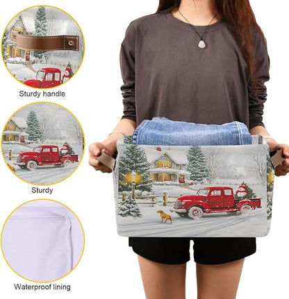 Christmas Tree Red Truck Foldable Fabric Storage Bin Cube with Handles for Shelf Closet, Nursery Bedroom