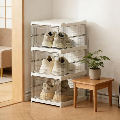 TARSHYRY Foldable Shoe Organizer, Stackable Shoe Rack with Transparent Door, Space Saving Bin Holder for Sneaker Container, Organizer for Boots, Heels, Sandals (3 Layers 10.04x13.58x20.67in)
