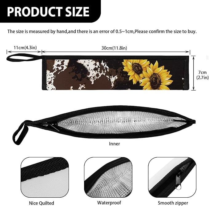 Cow Sunflower Camping Cutlery Storage Bag, Outdoor Portable Party Kitchen Flatware Bag, Hanging Cutlery Organizer 11.8 Inch Waterproof Liner Straw Pouch Case