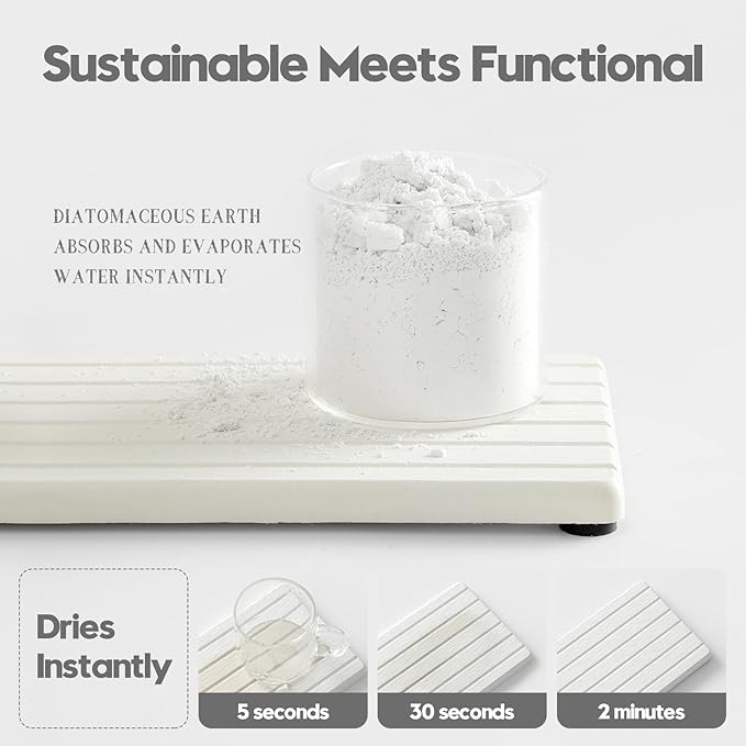 2PCS Water Absorbing Stone Drying Tray Mat for Bathroom Sink & Kitchen Counter Faucet Organizer, Quick Dry Dish Rack Soap Dispenser Sponge Holder, Vanity Sink Caddy Bar Coaster, Ivory White 8“x 4”