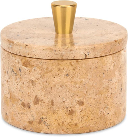 Marble Salt Cellar with Lid, 4 inch Natural Stone Salt Pepper Box, Alloy Lid for Kitchen Countertop Storage (Mud yellow, 4 * 3.5)