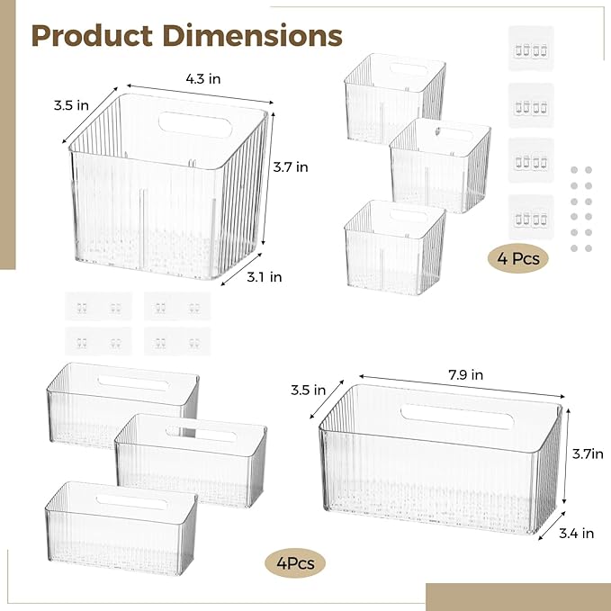 8 PCS Cabinet Door Organizer Bins, Clear Plastic Hanging Storage Baskets with Adhesive Hooks, Wall Mount for Bathroom, Fridge, Kitchen, Pantry, Under Sink, Drawer Storage, with Drain Holes