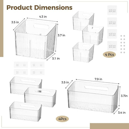 8 PCS Cabinet Door Organizer Bins, Clear Plastic Hanging Storage Baskets with Adhesive Hooks, Wall Mount Organizer for Bathroom, Fridge, Kitchen Pantry, Under Sink and Drawer, With Drain Holes