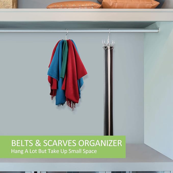 Belt Hanger, 2 Pack Rotatable Belt Organizer Rack for Closet Sturdy Max 48 Belts Storage with 16 Hooks, Hanging Space Saving Closet Organizers for Belts Holder, Silver