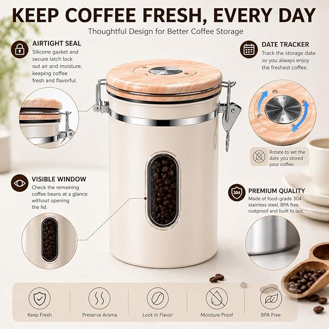 22oz Coffee Canister Airtight Stainless Steel Coffee Bean Storage Container with Date Tracker & Window, One-Way CO2 Valve, Metal Scoop, Kitchen Food Storage Jar for Coffee Beans Tea Sugar Rice