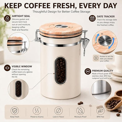 22oz Coffee Canister Airtight Stainless Steel Coffee Bean Storage Container with Date Tracker & Window, One-Way CO2 Valve, Metal Scoop, Kitchen Food Storage Jar for Coffee Beans Tea Sugar Rice