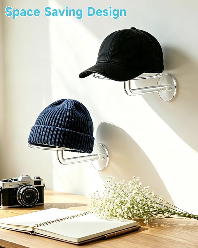 BestYiJo Acrylic Hat Stand Wall Mount, Clear Hat Display Holder Rack for Baseball Caps Wigs, Space Saving Hat Organizer for Bedroom Store Closet