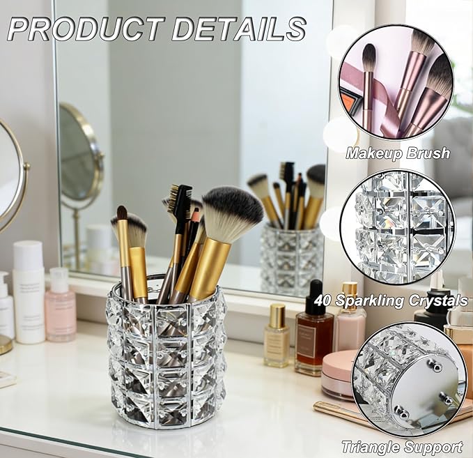 Makeup Brush Holder Organizer Crystal Bling Cosmetic Storage Box for Brushes, Combs & Pens, Candle Holder Container（Silver）