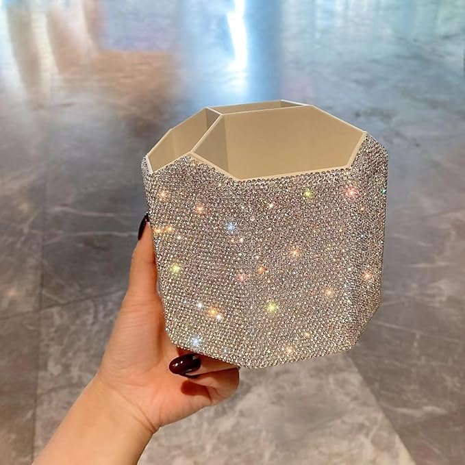 Bling Design Makeup Brush Holder Organizer,360° Rotating Glitter Rhinestones Cosmetics Storage with 5 Slot Large Capacity Makeup Brushes Cup Pen Holder for Vanity,Bathroom Countertops