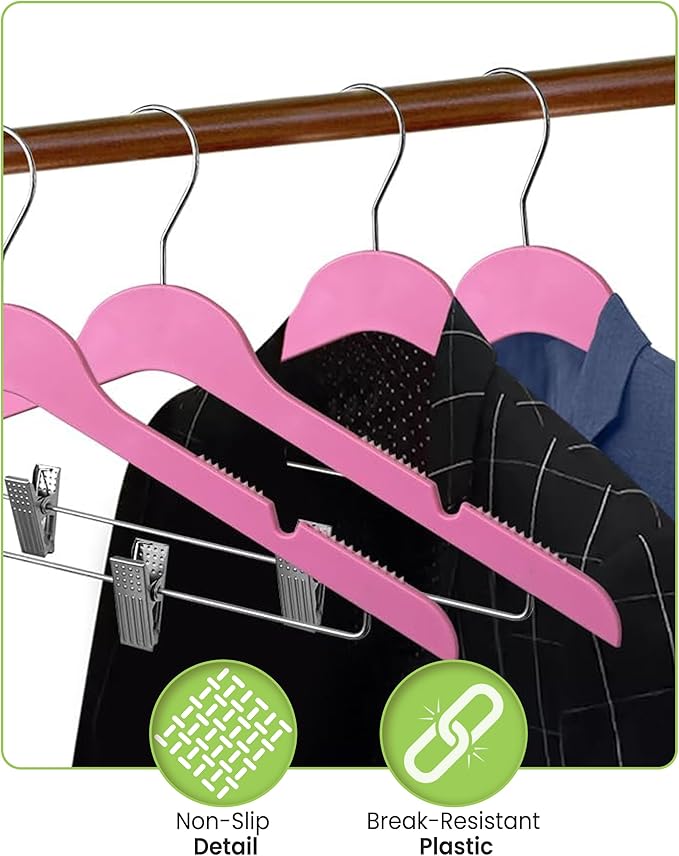 All Hung Up Hangers Slim Plastic Clothes Hangers with Clips, Space-Saving Design with Non-Slip Grip, Durable for Everyday Use, Hot Pink, 24pcs