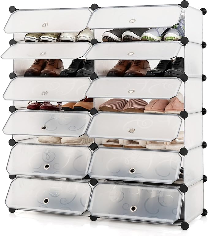HAPPYGRILL Shoe Rack Organizer, 12-Cube Modular Plastic Shoes Storage Cabinet with 6-Tier Shoe Shelves & Transparent Doors, DIY Design, Freestanding Shoe Cabinet for 24 Pairs Shoes (White)