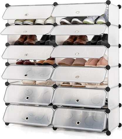HAPPYGRILL Shoe Rack Organizer, 12-Cube Modular Plastic Shoes Storage Cabinet with 6-Tier Shoe Shelves & Transparent Doors, DIY Design, Freestanding Shoe Cabinet for 24 Pairs Shoes (White)