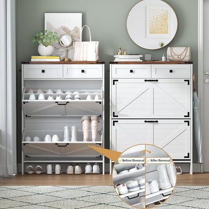 Shoe Storage Cabinet with Deodorizing Function, Farmhouse Narrow Hidden Shoe Rack Organizer Cabinet with 2 Flip Drawers & 2 Storage Drawers for Entryway, Hallway, Living Room, White