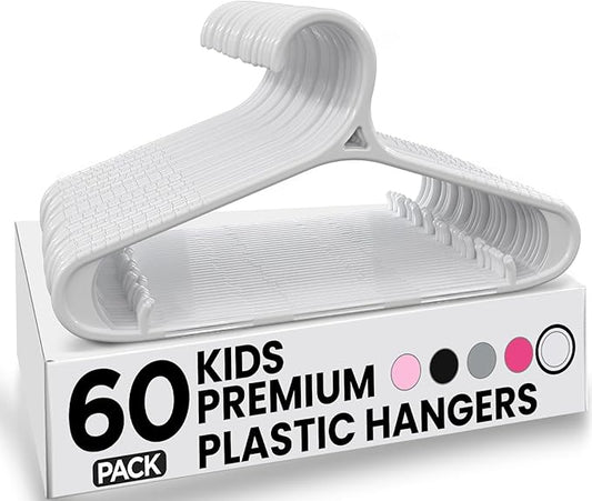 Utopia Home Kids Hangers 60 Pack - 11 Inch Plastic Baby Hangers for Closet - Childrens Hanger for Clothes & Infant Hanger for Closet - Non-Slip Shoulder Grooves, Strap Hooks & Pants Bar (White)