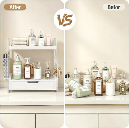 2 Tier Bathroom Counter Organizer Wood - Tiered Bathroom Countertop Shelf with Drawer, Removable Basket & 2 Hooks, Makeup Vanity Organizer for Skincare Perfume Toiletries, 13'' White