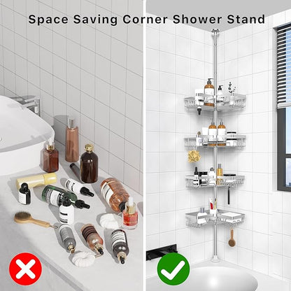 KEGII SUS304 Corner Shower Organizer, Stainless Steel Tension Pole Corner Bathroom Caddy, No Drilling Required Adjustable Shower Shelf for Inside Showers, Silver