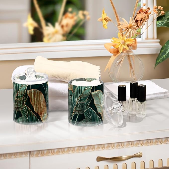 2 Pack Cotton Ball and Swab Organizers with Lid Elegant Leaf Print, Plastic Jars Set Bathroom Canisters Storage Organizer