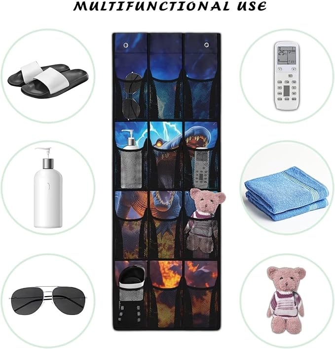 Cool Dinosaur Over The Door Organizer with 12 Large Mesh Pockets, Heavy Duty Oxford Fabric Shoe Rack for Closet, Space Saving Storage for Kids Room Toys & Shoes