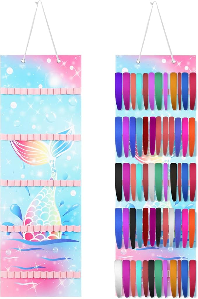 Tudomro Hanging Headband Holder for Girls Felt Hair Accessories Organizer with 60 Elastic Bands Bow Hanger for Girls Hair Bows Without Headbands(Bright Color,Mermaid)