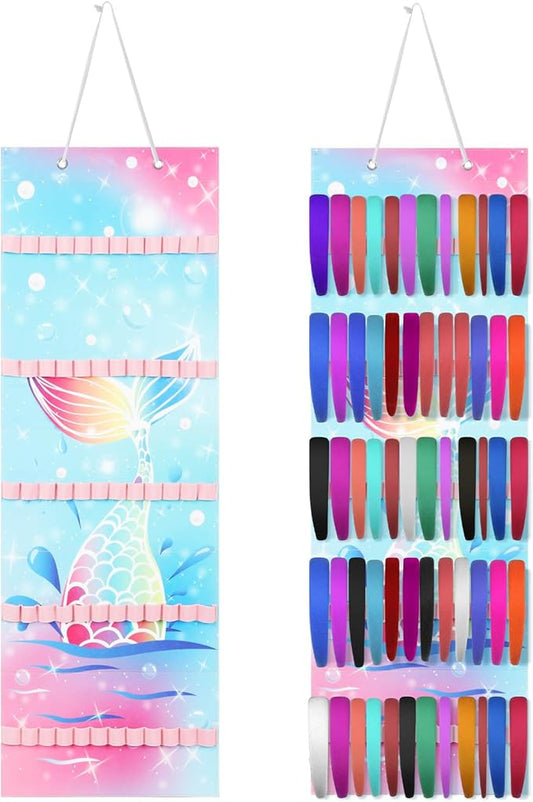 Tudomro Hanging Headband Holder for Girls Felt Hair Accessories Organizer with 60 Elastic Bands Bow Hanger for Girls Hair Bows Without Headbands(Bright Color,Mermaid)