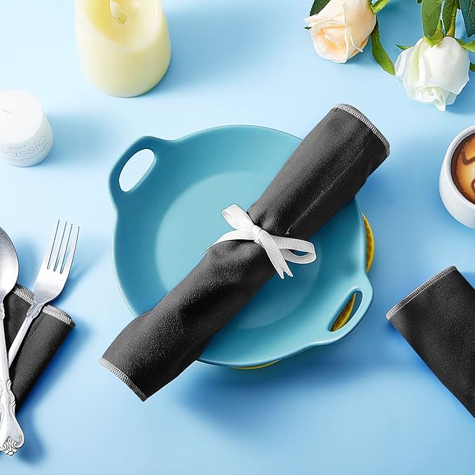 Hillban 6 Pcs Anti Tarnish Silver Storage Bags Silver Storage Cloth Felt Flatware Organizer Anti Tarnish Protector Bags Place Setting Roll with White Ribbon for Kitchen Cutlery (12 Slots,Black)