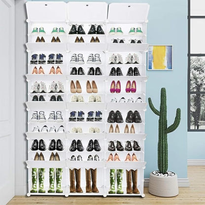 Shoe Rack Organizer, 18 Cube 12 Tier Covered Shoe Storage Cabinet 72 Pairs Freestanding DIY Shoe Shelves Plastic Shoes Rack for Closet Entryway Hallway Bedroom (White)