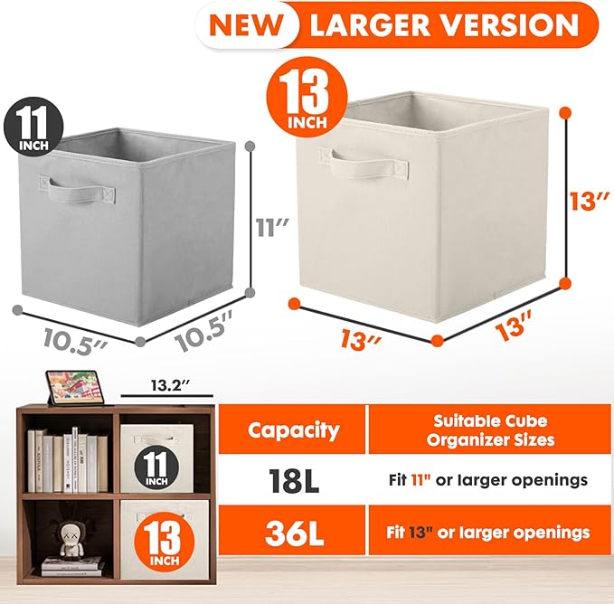 ShellKingdom Storage Bins, Foldable Fabric Storage Cubes And Cloth Storage Organizer Drawer For Closet And Toys Storage, 13 X 13 X 13 INCH, 6 Pack (Beige)