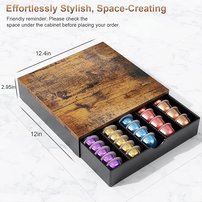 Coffee Pods Drawer Organizer Compatible with Nespresso Vertuo Pods Holds Up to 60 Small or 40 Large (Brown)