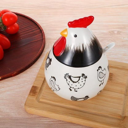 Ceramic Salt Cellar, 15.8 oz Chicken Shaped Salt Cellar with Lid and Spoon – Airtight Countertop Decor Container, Food-Grade Seasoning Holder for Spices/Sugar/Pepper Storage(Black)