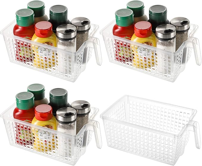 Hedume 4 Pack Plastic Storage Bins with Handle, BPA-Free Kitchen Pantry Cabinet Refrigerator Food Storage Organizer for Snacks, Food, Produce, Pasta