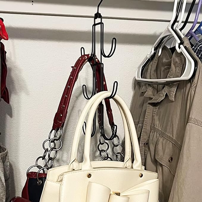Purse Hanger Organizer for Closet Metal Hanging Bag Holder Hook 360° Rotatable Handbag Storage Hook Rack for Handbags Belts Clothes Ties Accessories(Black)