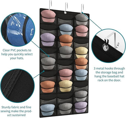 Fixwal Hat Organizer for Baseball Caps, 27 Pocket Over The Door Hat Rack for Storage Closet Wall, Cap Holder Hanger with Large Clear Pockets & 3 Hooks, Hat Storage to Protect and Display, Black