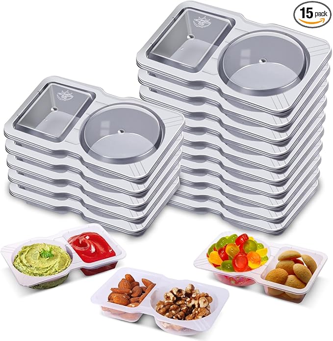 Qewro 15 Sets Snack Containers, Reusable Double Compartment Condiment With Lids 2 Portion Snack Containers Sauces Dip, Disposable Box to Grab and Go with Prep For Adults, On The Go For Kids