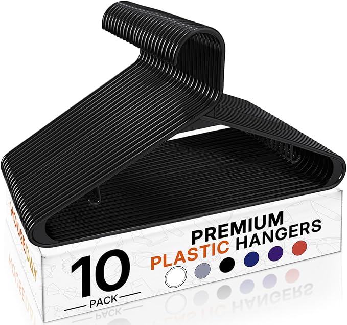 HOUSE DAY Black Plastic Hangers 10 Pack, Plastic Clothes Hangers with Built-in Hooks, Durable and Strong Coat Hanger for Closet, Space Saving Clothing Hanger for Shirts, Coats, Skirt, Dress