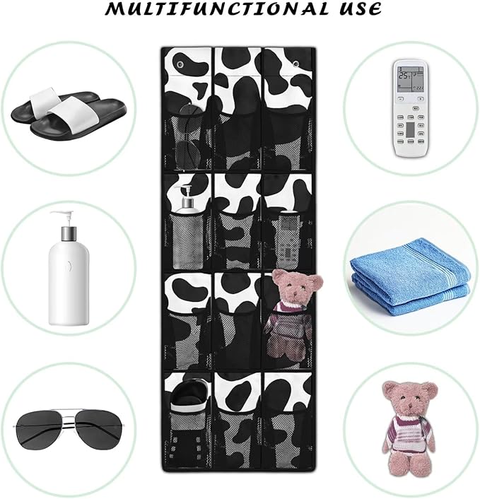 Over Door Organizer, Black and White Cow Print 12 Compartment Breathable Mesh Pocket Hanging Shoe Rack for Closet Door Hanging Storage Organizer for Closets Behind Doors