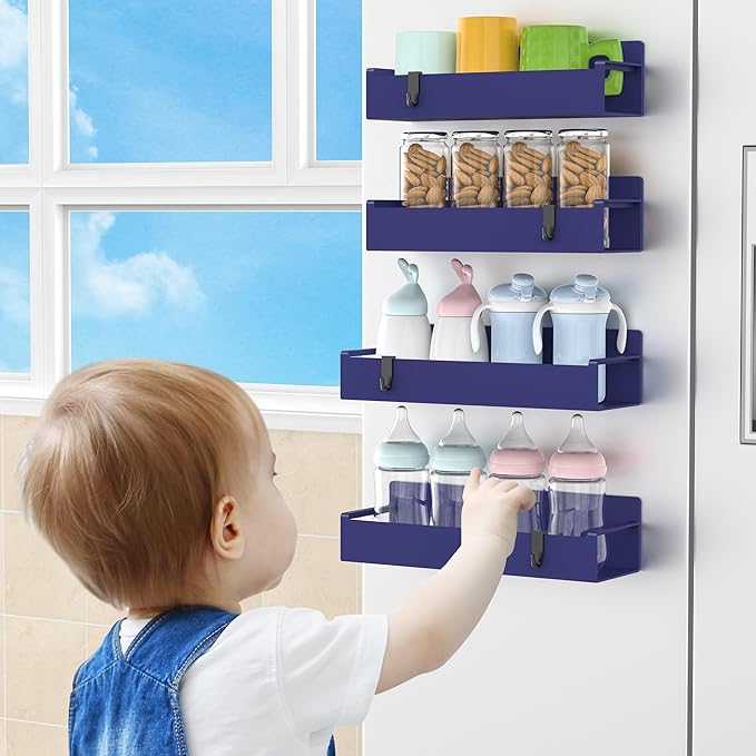 HuggieGems 4 Pack Magnetic Spice Rack Organizer for Refrigerator and Oven, Dark Blue Fridge Organizers and Storage for Kitchen