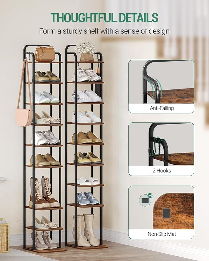 Hzuaneri 10 Tiers Vertical Shoe Rack, Narrow Shoe Tower, Tall Shoes Shelf with 2 Hooks, Adjustable Shelves, Corner Shoes Shelves for Small Spaces, Entryway, Living Room, Rustic Brown SR11201B