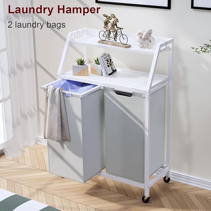 Timberer Laundry Hamper, Laundry Sorter 2 Section, Rolling Laundry Basket with Wheels, 2 Shelves, 2 × 14.5 Gal, Pull-Out and Removable Oxford Fabric Bags, for Laundry Room, White and Grey