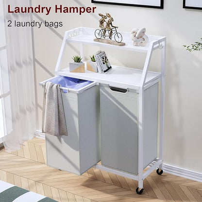 Timberer Laundry Hamper, Laundry Sorter 2 Section, Rolling Laundry Basket with Wheels, 2 Shelves, 2 × 14.5 Gal, Pull-Out and Removable Oxford Fabric Bags, for Laundry Room, White and Grey
